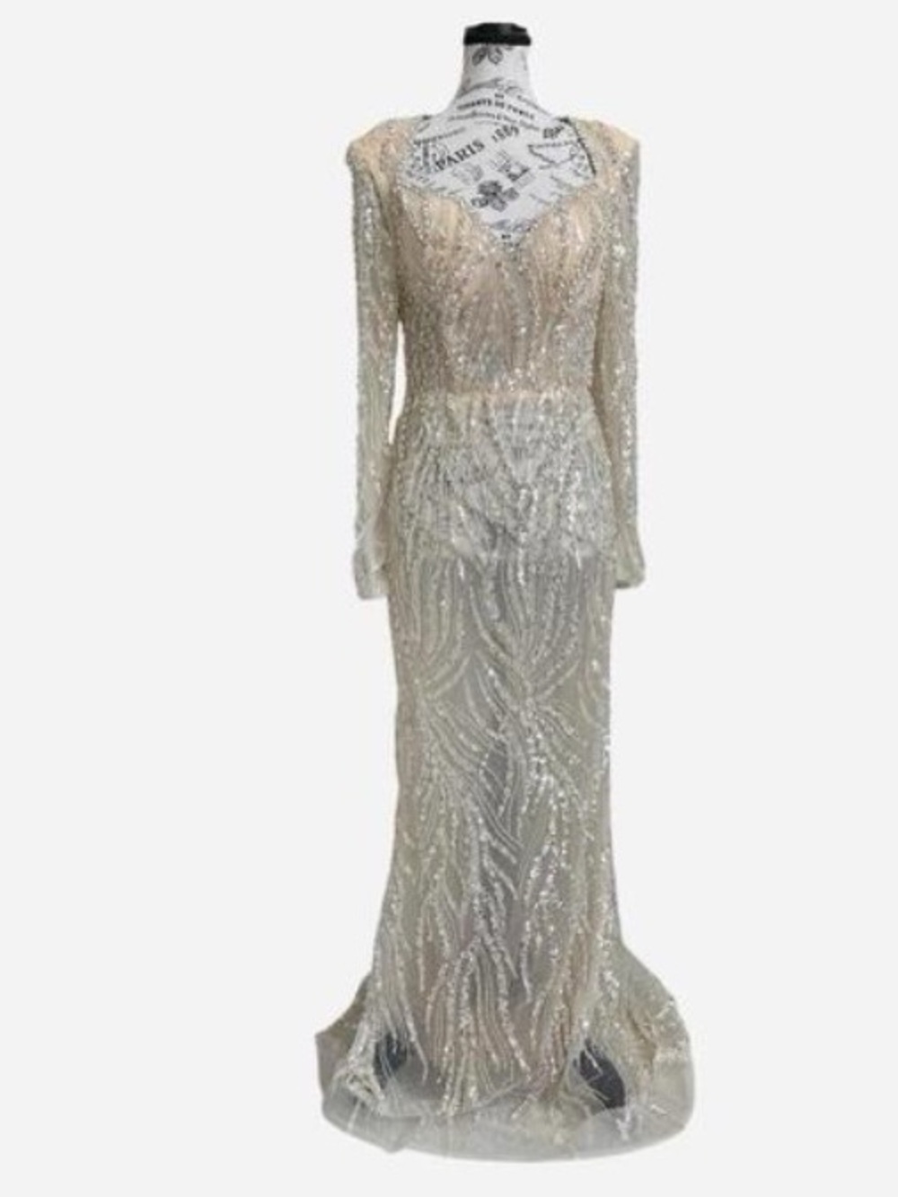 Elegant Beaded Sequin Pattern Long Sleeve Evening Gown - Champagne